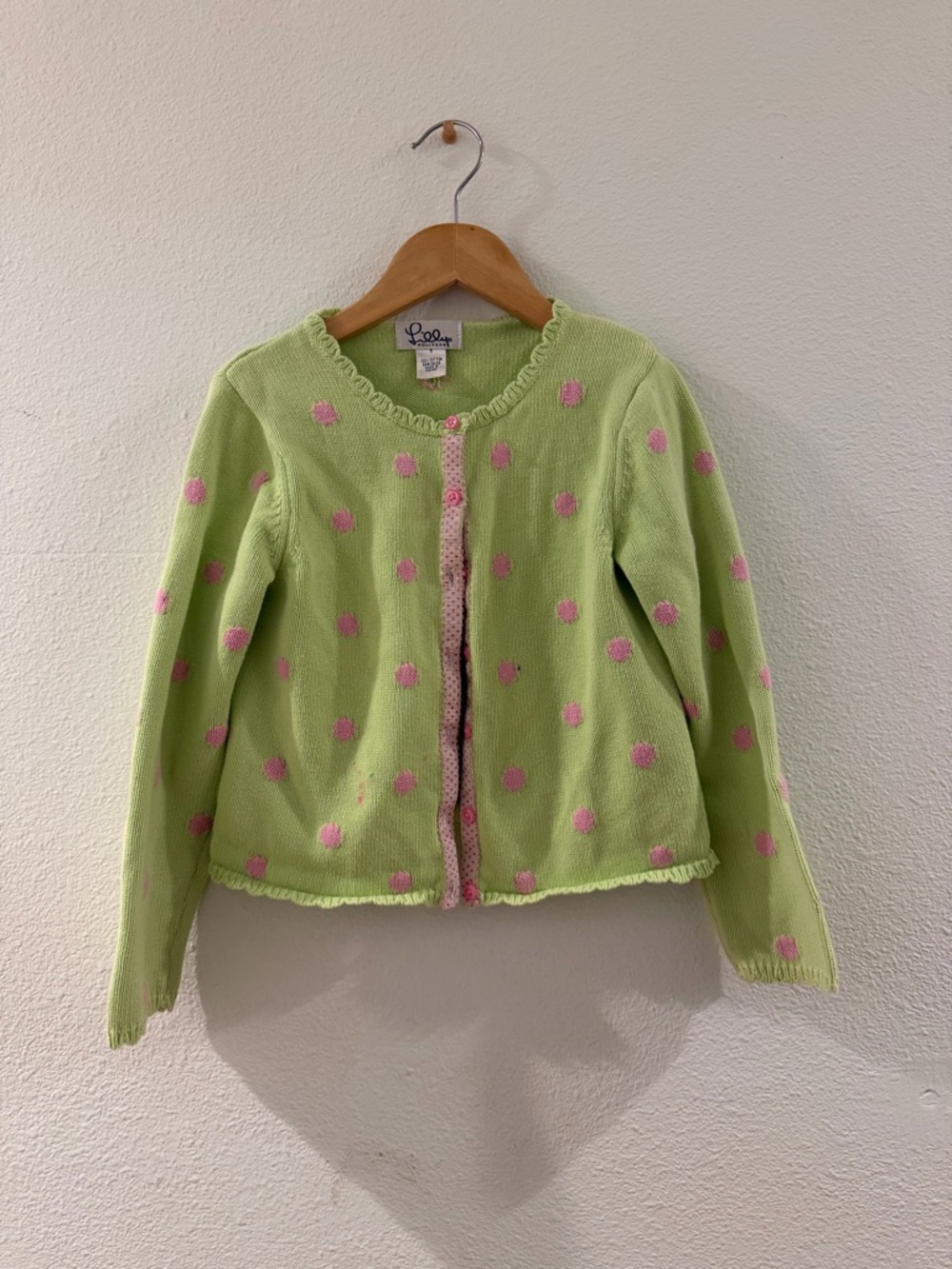 Lilly Pulitzer girls cotton Green Cardigan with Pink Polka Dots size 7